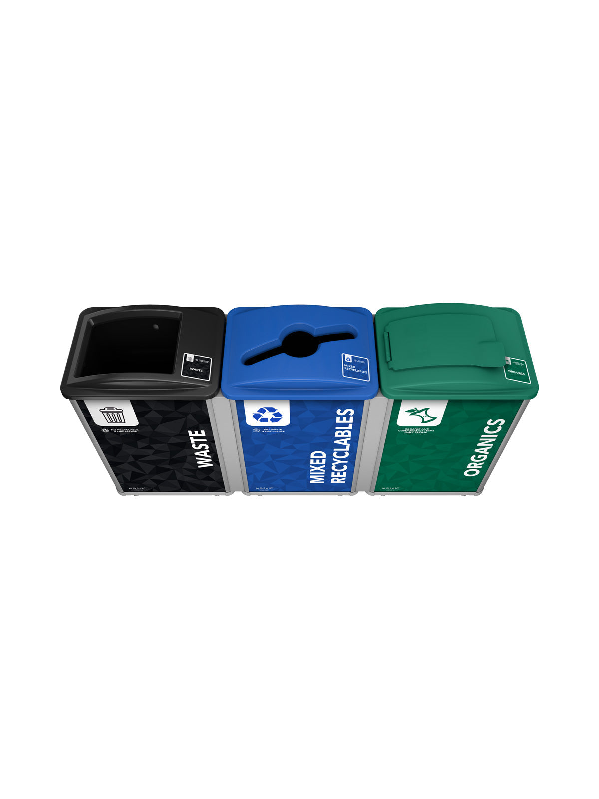 MOSAIC - Triple - Waste-Recyclables-Organics - Full-Mixed-Solid Lift - Silver-Black-Blue-Green