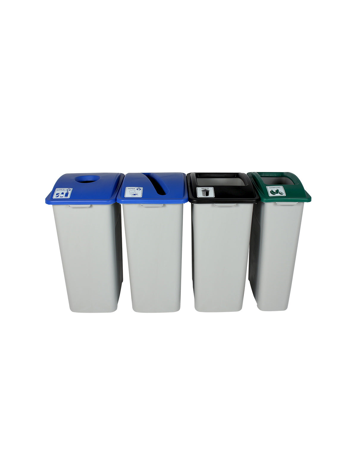 WASTE WATCHER - Quad - Kit - Xl - Cans & Bottles-Paper-Compost-Waste - Circle-Slot-Full - Grey-Blue-Blue-Green-Black