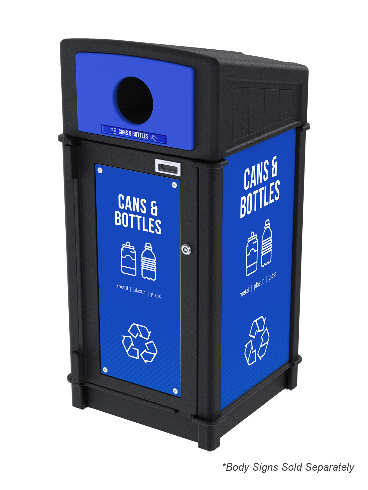FUSION - Single Stream Front-Load Cans & Bottles Bin with Circle Lid Opening and Door Signage