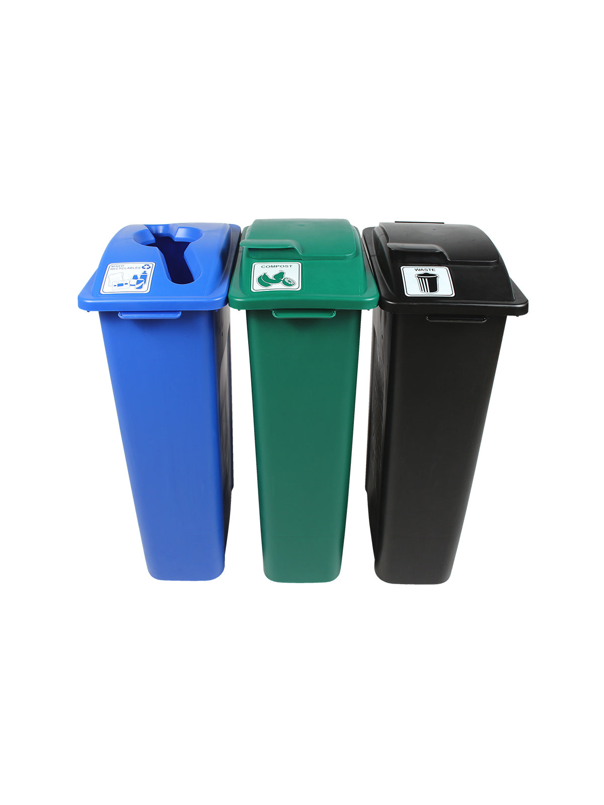 WASTE WATCHER - Triple Station, Blue-Green-Black 23G Bodies, Blue (Mixed), Green (Solid Lift), Black (Solid Lift), Connectors, and 'Mixed Recyclables-Compost-Waste' Lid Labels