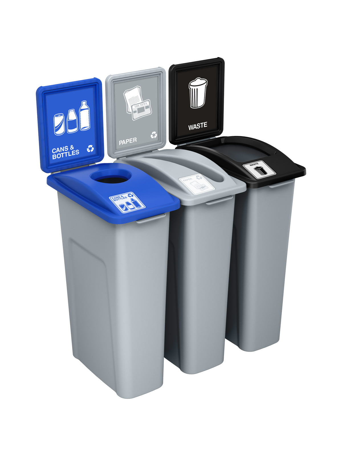 WASTE WATCHER - Triple - Kit - Cans & Bottles-Paper-Waste - Circle-Slot-Full - Grey-Blue-Grey-Black