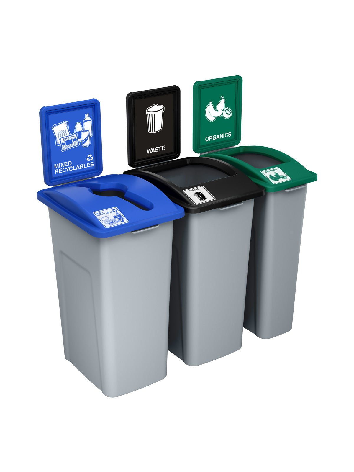WASTE WATCHER - Triple - Kit - Mixed Recyclables-Waste-Organics - Mixed-Full - Grey-Blue-Black-Green
