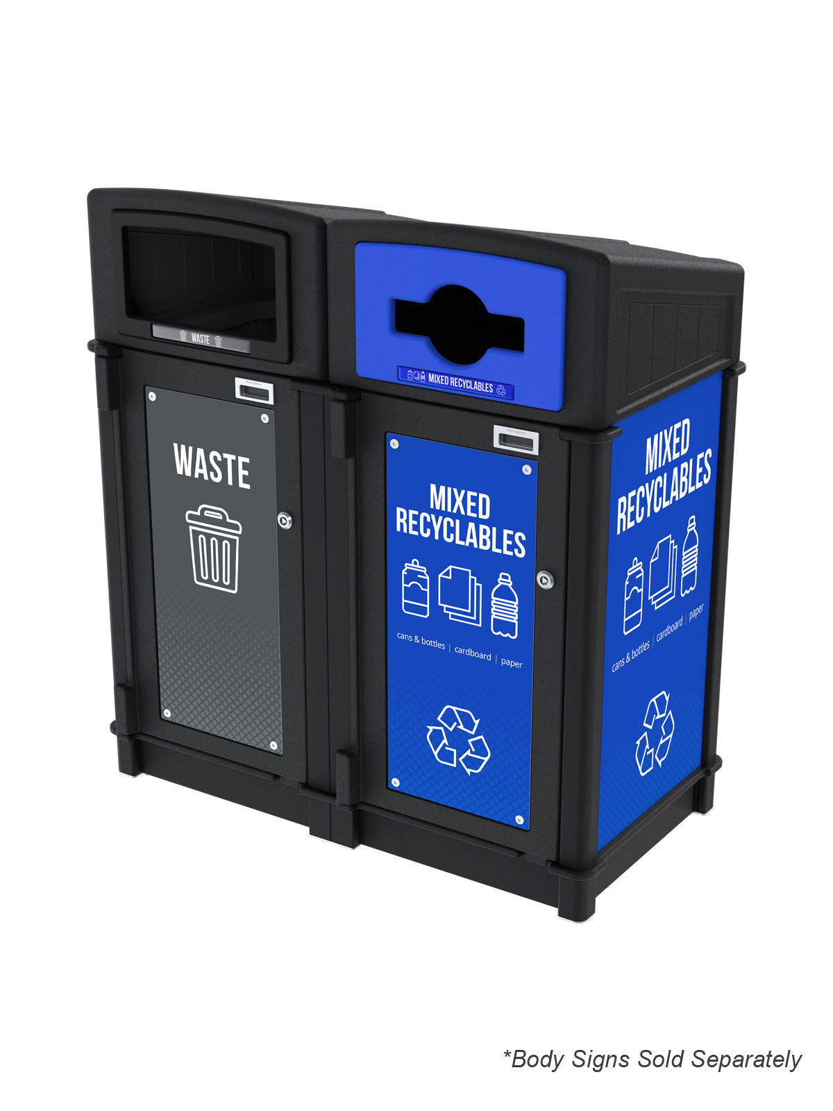 FUSION - Two-Stream Waste and Mixed Recyclables Front-Load Collection Station with Full-Mixed Lid Openings and Door Signage