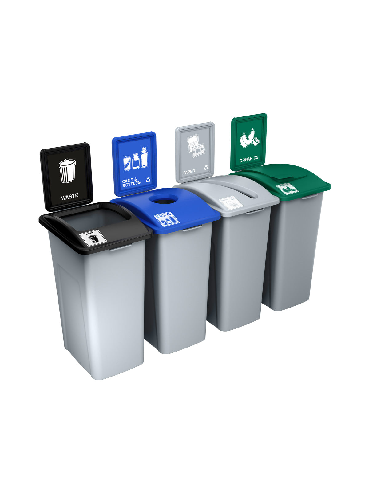 WASTE WATCHER XL - Quad Station - 32G Grey Bodies, Black XL (Full), Blue XL (Circle), Grey XL (Slot), Green XL (Solid Lift) Lids, Sign Frames, Connector Kits, and 'Waste-Cans & Bottles-Paper-Organics' Signs and Lid Labels