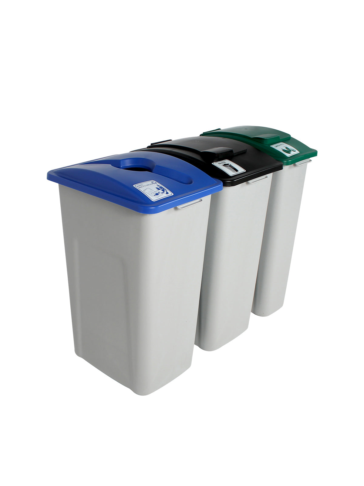 WASTE WATCHER XL - Triple Combo Station, Grey (32Gx2+23Gx1) Bodies, Blue XL (Mixed), Black XL (Solid Lift), Green (Solid Lift) Lids, Connectors, and 'Mixed Recyclables-Organics-Waste' Lid Labels