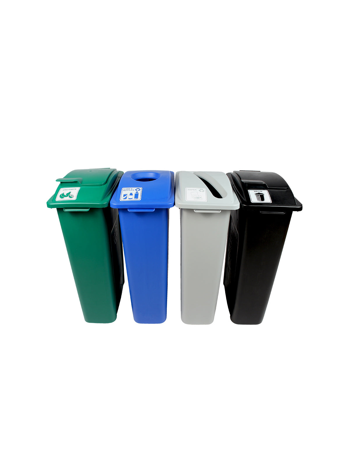 WASTE WATCHER - Quad Station - 23G Green-Blue-Grey-Black Bodies, Green (Solid Lift), Blue (Circle), Grey (Slot), Black (Solid Lift) Lids, Connector Kits, and 'Cans & Bottles-Paper-Organics-Waste' Lid Labels