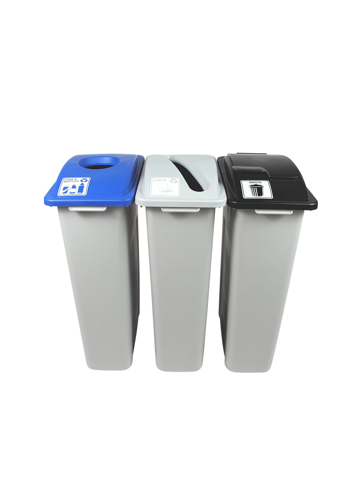 WASTE WATCHER - Triple - Kit - Cans & Bottles-Paper-Waste - Circle-Slot-Solid Lift - Grey-Blue-Grey-Black