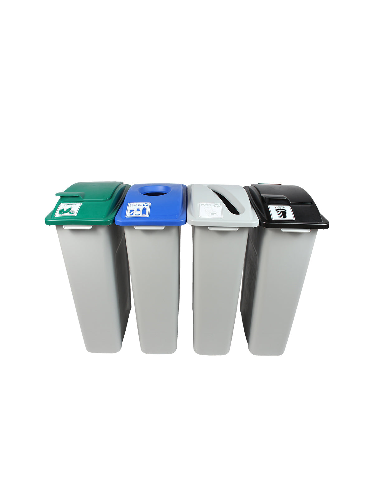 WASTE WATCHER - Quad Station - 23G Grey Bodies, Green (Solid Lift, Blue (Circle), Grey (Slot) Black (Solid Lift) Lids, Connector Kits, and 'Cans & Bottles-Paper-Organics-Waste' Lid Labels