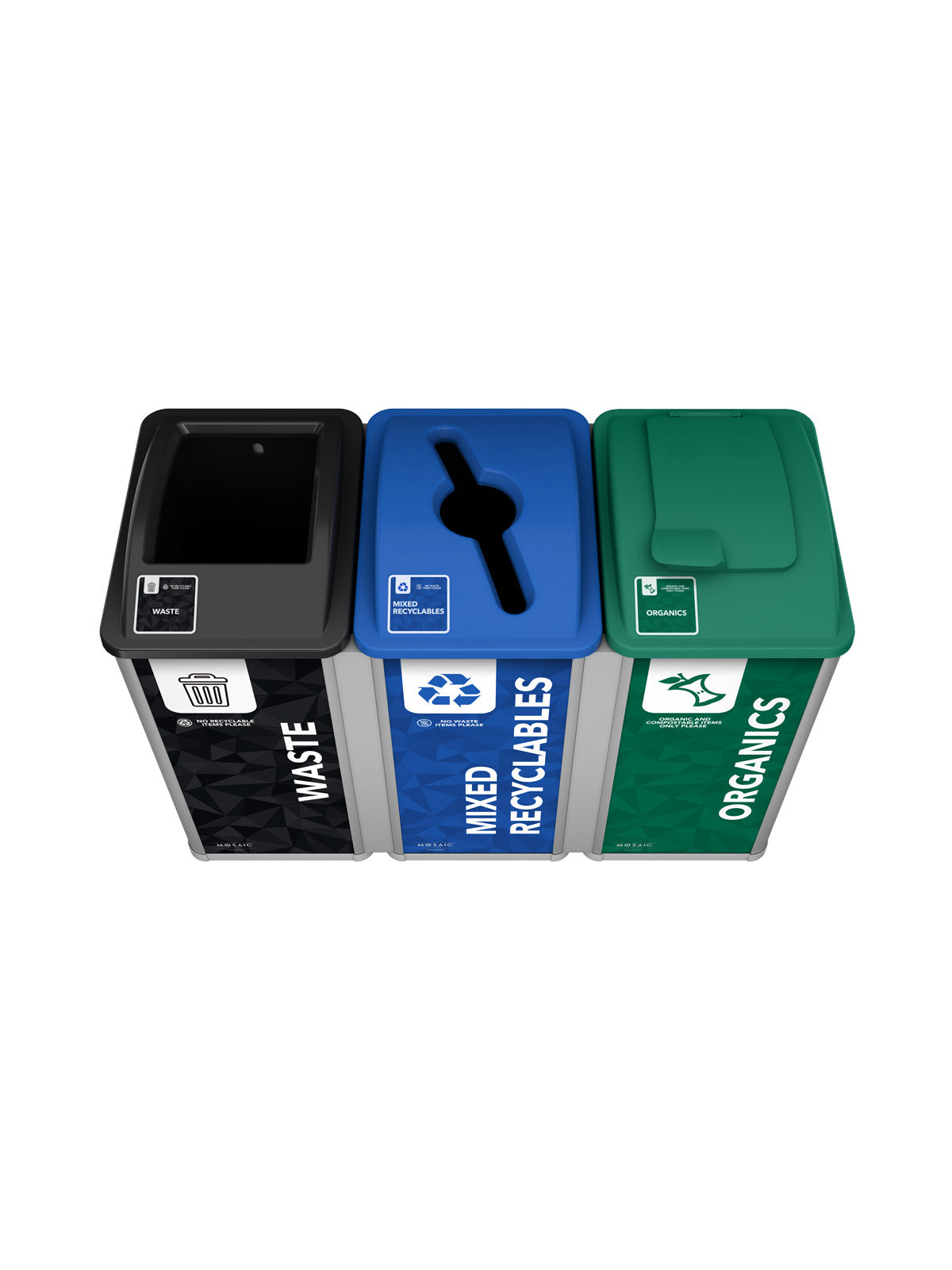 MOSAIC - Triple - Waste-Recyclables-Organics - Full-Mixed-Solid Lift - Silver-Black-Blue-Green