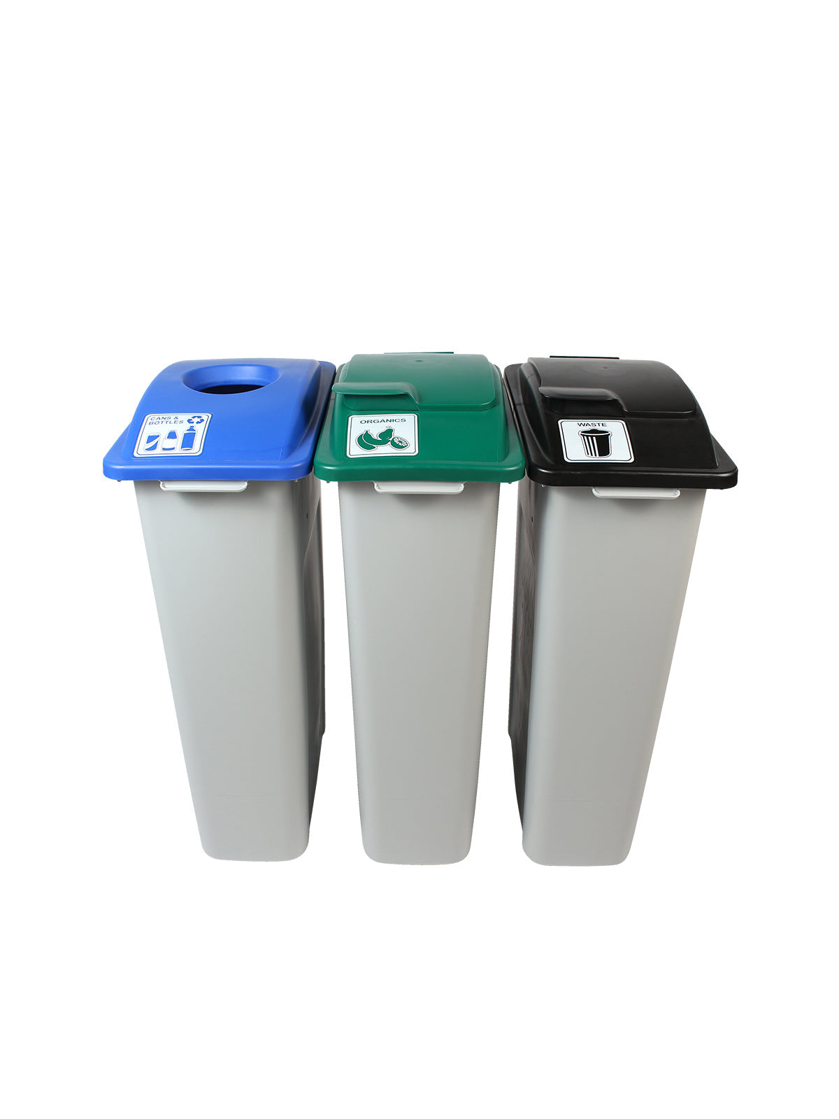 WASTE WATCHER - Triple Station, Grey 23G Bodies, Blue (Circle), Green (Solid Lift), Black (Solid Lift) Opening Lids, Connectors, and 'Cans & Bottles-Organics-Waste' Lid Labels