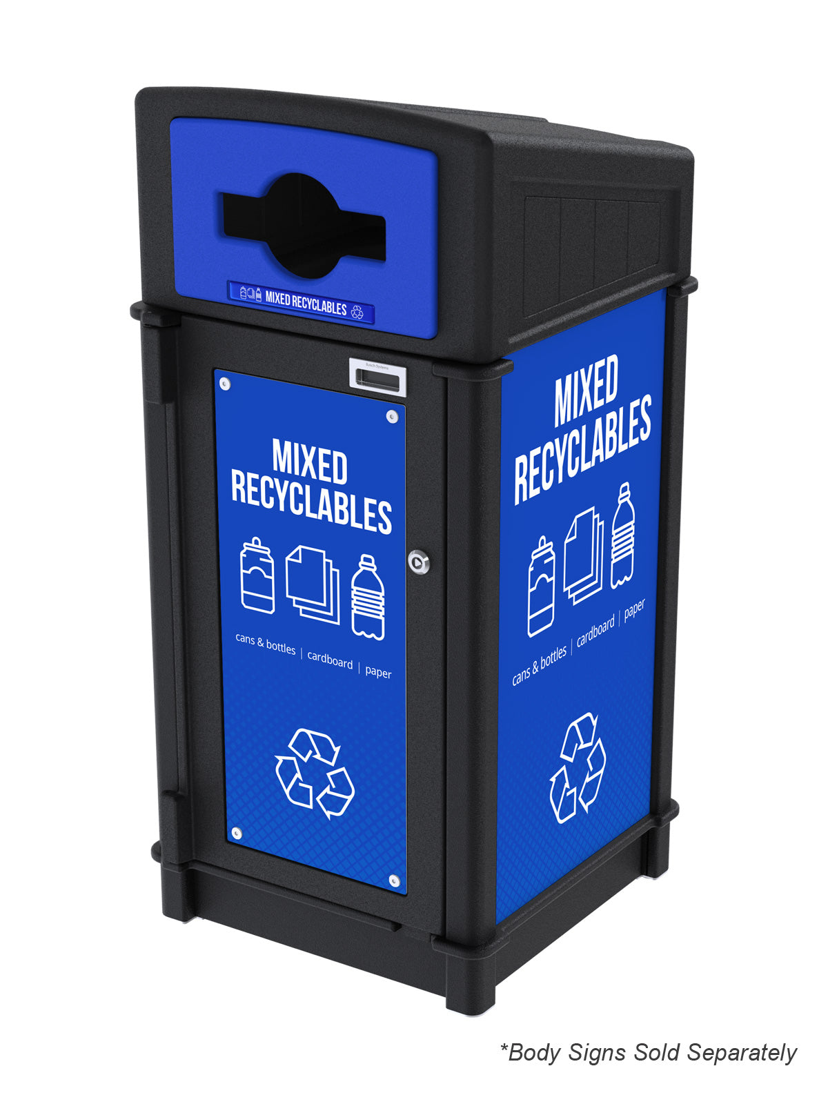 FUSION - Single Stream Front-Load Mixed Recyclables Bin with Mixed Lid Opening and Door Signage