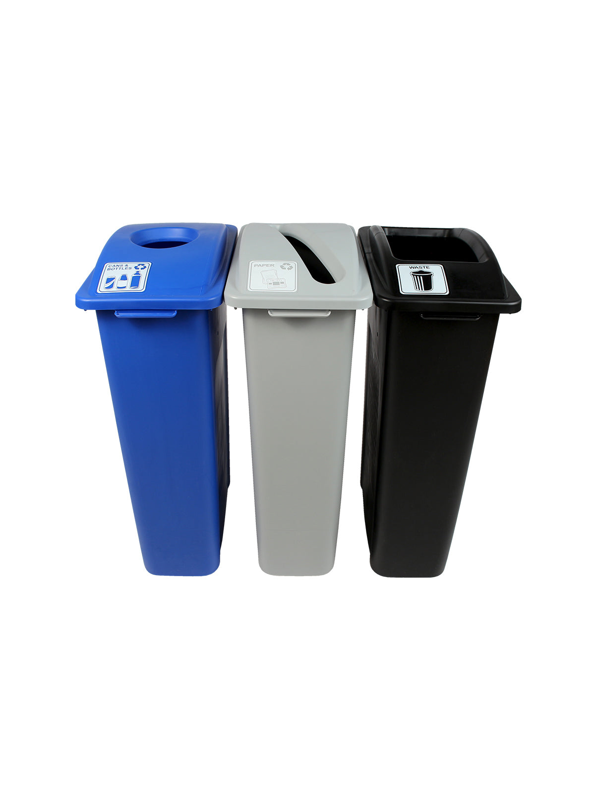 WASTE WATCHER - Triple - Kit - Cans & Bottles-Paper-Waste - Circle-Slot-Full - Blue-Grey-Black