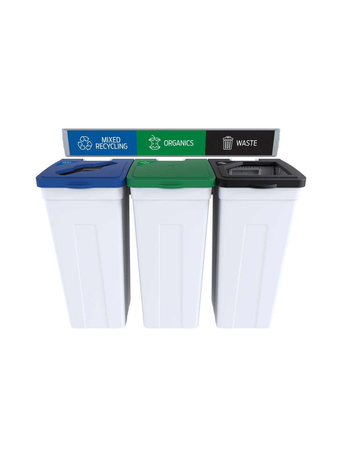 RISE - Triple - Kit - Mixed Recycling-Organics-Waste - Mixed-Solid Lift-Full - White-Blue-Green-Black