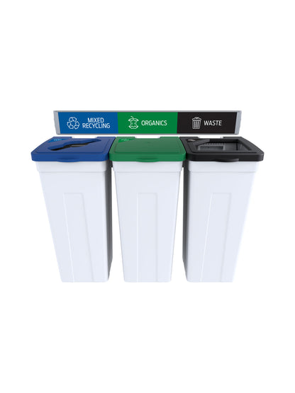 RISE - Triple - Kit - Mixed Recycling-Organics-Waste - Mixed-Solid Lift-Full - White-Blue-Green-Black
