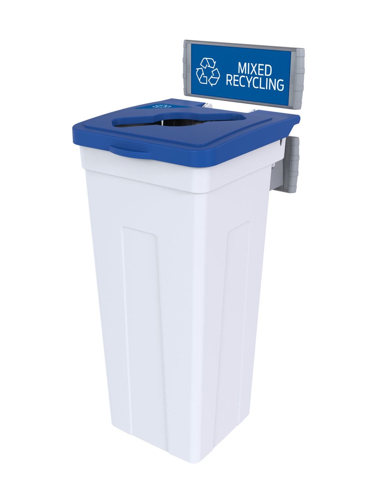 RISE - White Body with Blue Mixed Opening Lid, 'Mixed Recyclables' Sign and Lid Label, and Wall Mount Aluminum Extrusions
