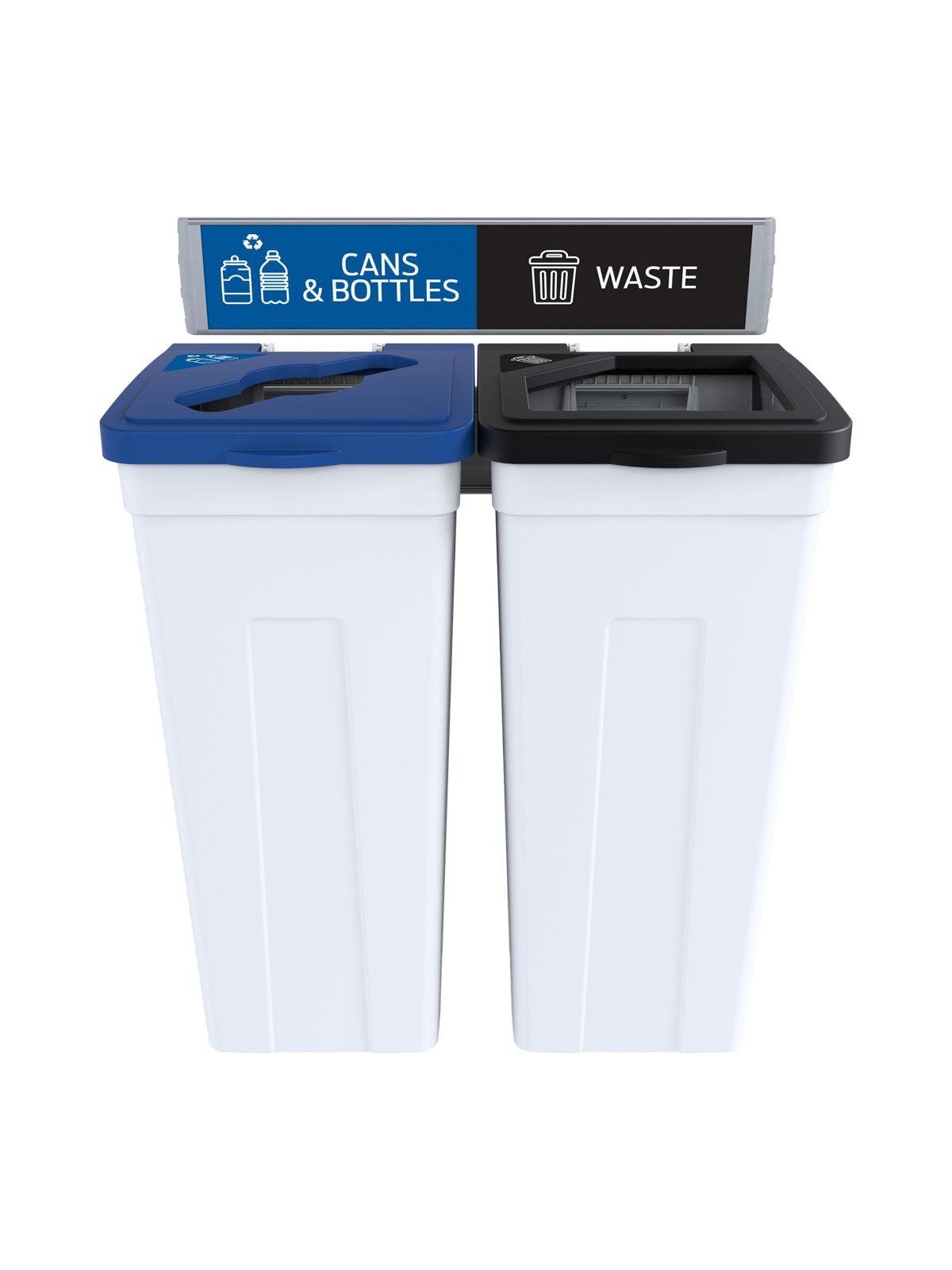 RISE - Double White Body with Black Full/Blue Mixed Opening Lids, 'Waste', & 'Mobius Loop' Sign and Lid Labels, and Wall Mount Aluminum Extrusions