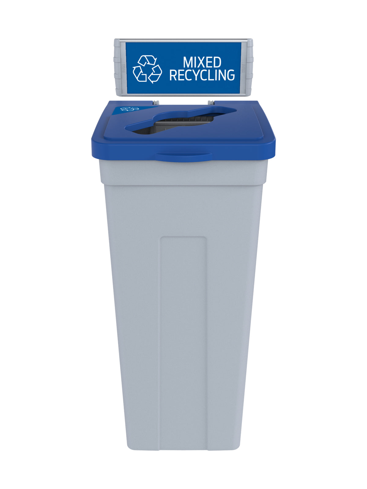 RISE - Grey Body with Blue Mixed Opening Lid, 'Mixed Recyclables' Sign and Lid Label, and Wall Mount Aluminum Extrusions