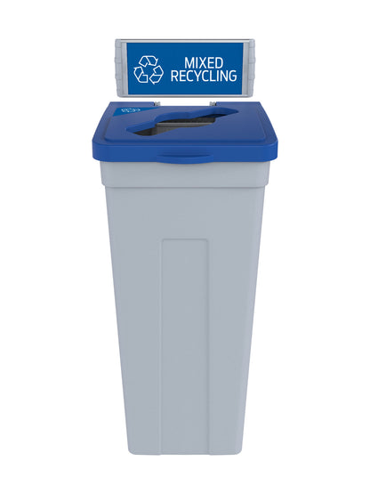 RISE - Grey Body with Blue Mixed Opening Lid, 'Mixed Recyclables' Sign and Lid Label, and Wall Mount Aluminum Extrusions
