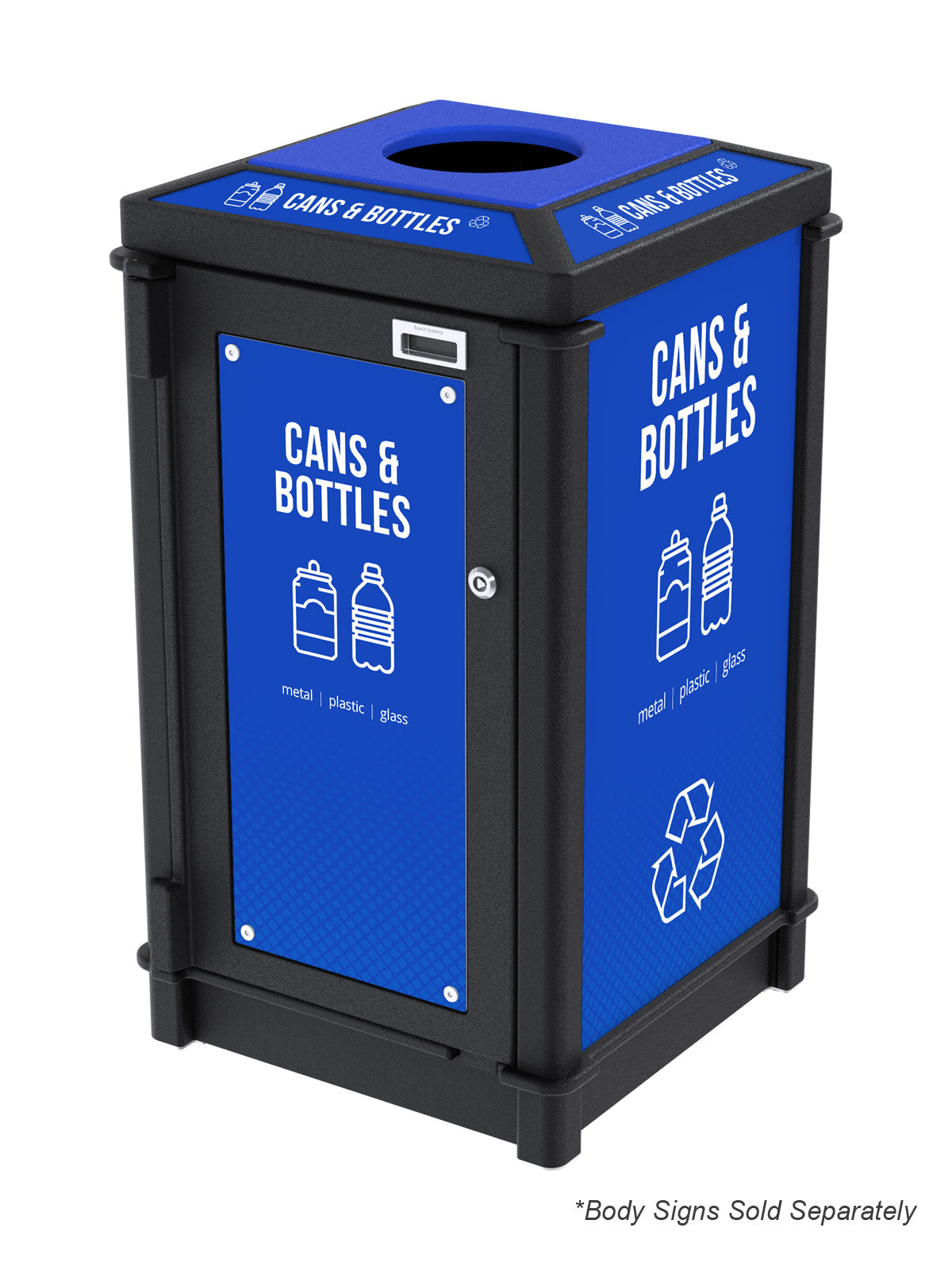 FUSION - Single Stream Top-Load Cans & Bottles Bin with Circle Lid Opening and Door Signage