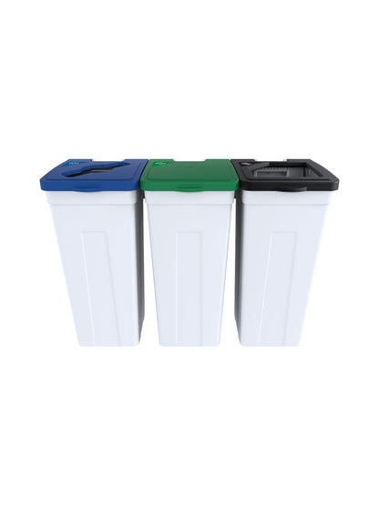 RISE - Triple White Body with Black Full/Green Solid Lift/Blue Mixed Opening Lids, 'Waste', 'Organics', & 'Mobius Loop' Lid Labels and Wall Mount Aluminum Extrusion