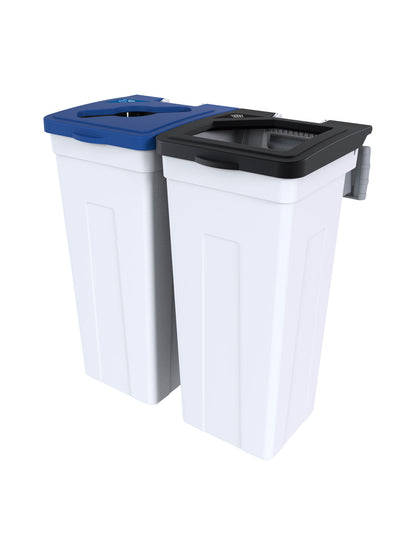 RISE - Double White Body with Black Full/Blue Mixed Opening Lids, 'Waste' & 'Mixed Recyclables' Lid Labels and Wall Mount Aluminum Extrusion