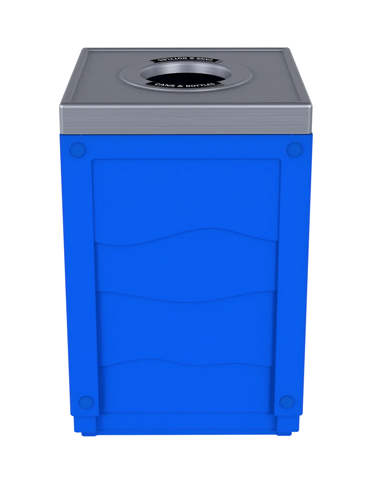 EVOLVE - 50G Blue Cube with Circle Opening Lid in Stainless 'Finish' and 'Cans & Bottles' Lid Labels
