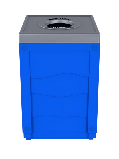 EVOLVE - 50G Blue Cube with Circle Opening Lid in Stainless 'Finish' and 'Cans & Bottles' Lid Labels