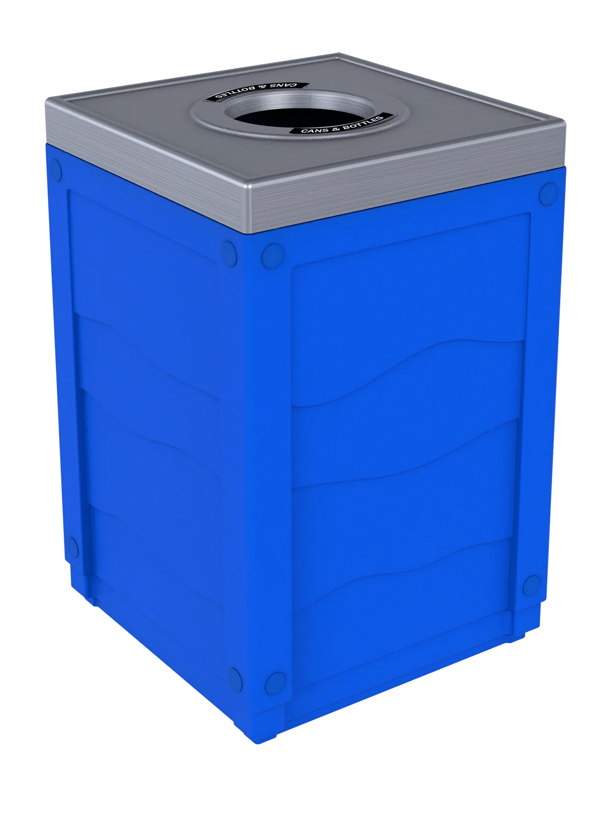 EVOLVE - 50G Blue Cube with Circle Opening Lid in Stainless 'Finish' and 'Cans & Bottles' Lid Labels