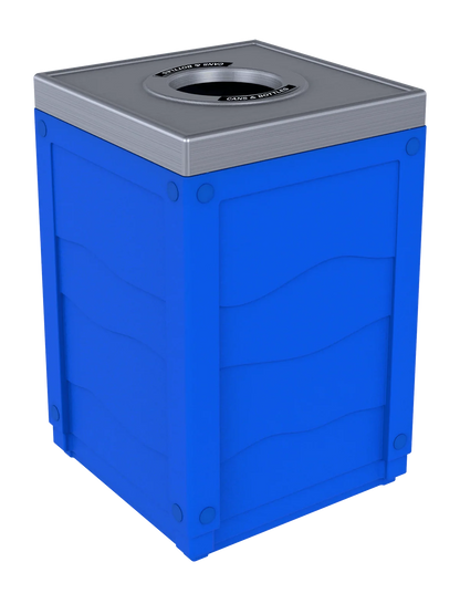 EVOLVE - 50G Blue Cube with Circle Opening Lid in Stainless 'Finish' and 'Cans & Bottles' Lid Labels