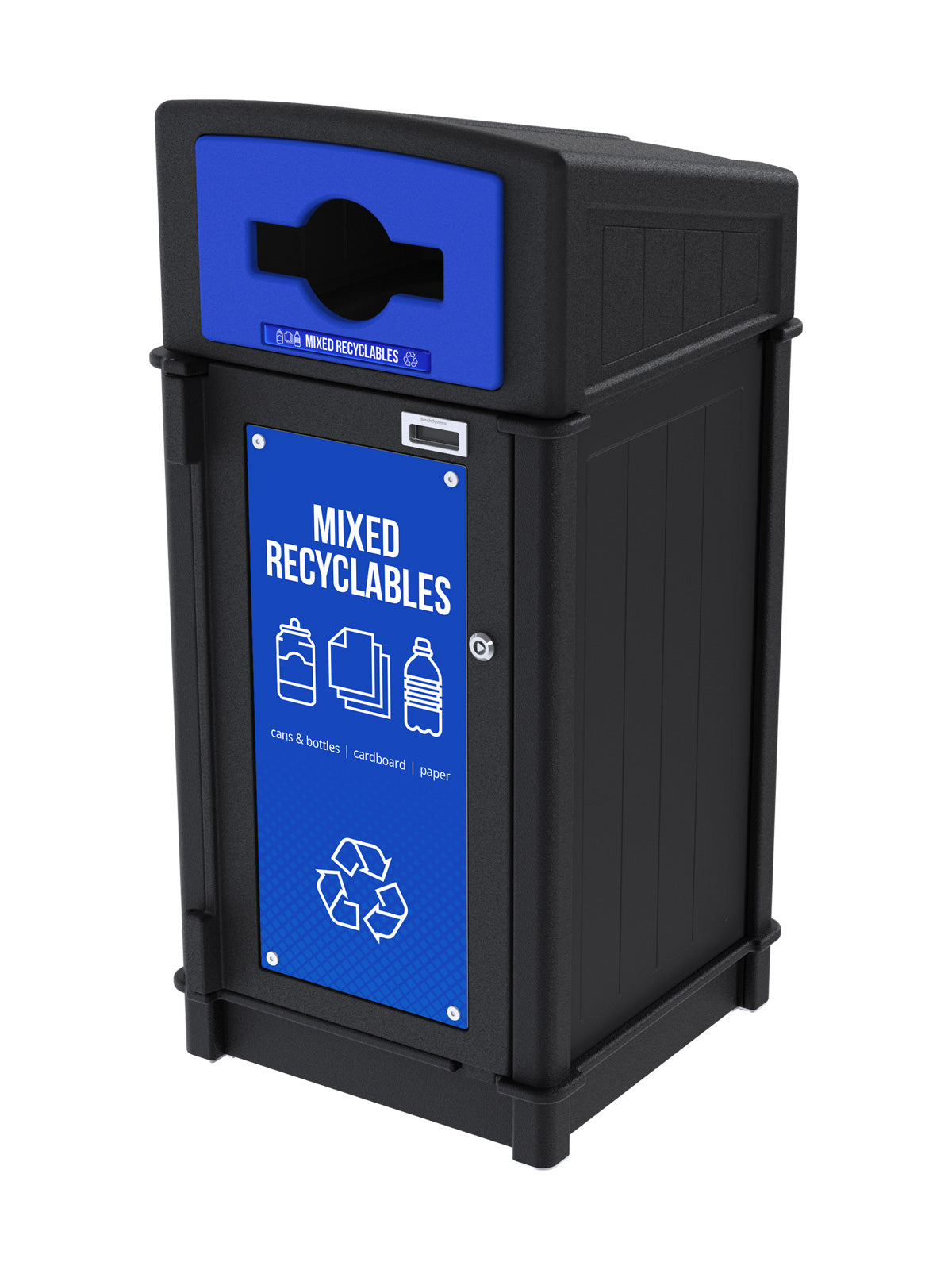 FUSION - Single Stream Front-Load Mixed Recyclables Bin with Mixed Lid Opening and Door Signage