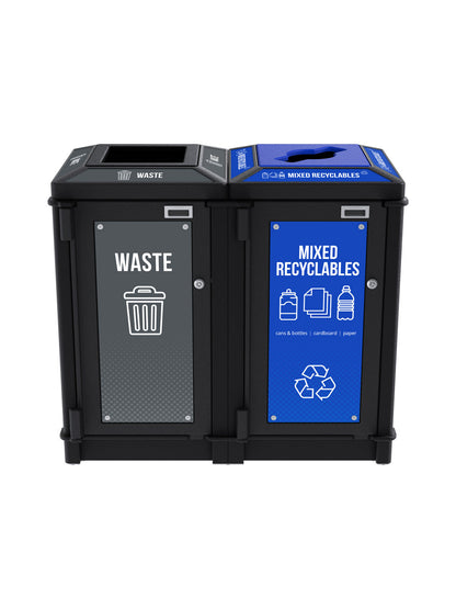 FUSION - Two-Stream Waste and Mixed Recyclables Top-Load Collection Station with Full-Mixed Lid Openings and Door Signage