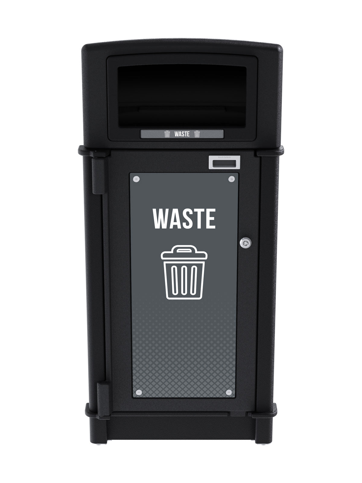 FUSION - Single Stream Front-Load Waste Bin with Full Opening Lid and Door Signage