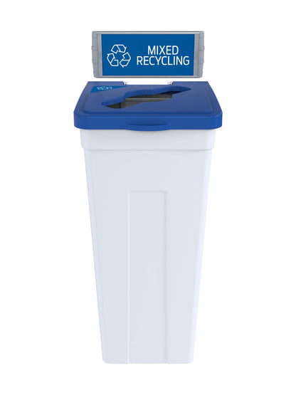 RISE - White Body with Blue Mixed Opening Lid, 'Mixed Recyclables' Sign and Lid Label, and Wall Mount Aluminum Extrusions