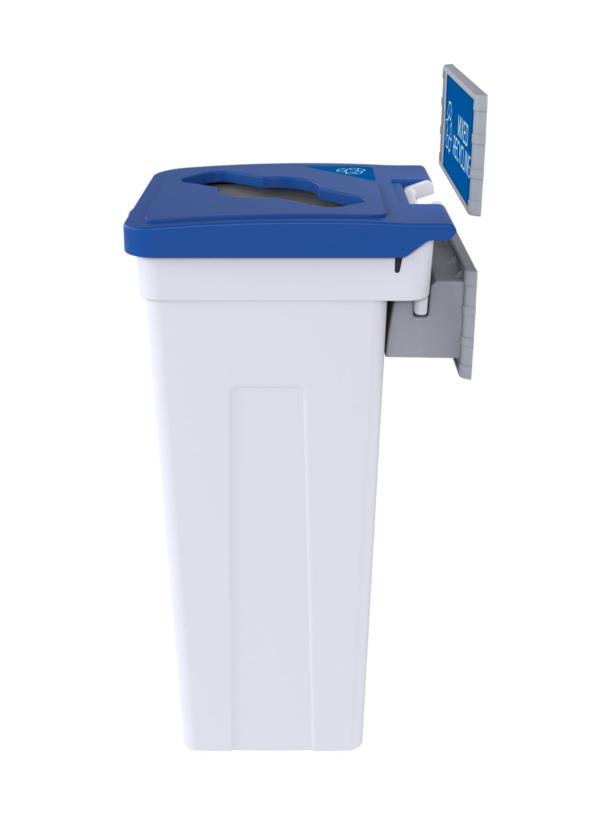 RISE - White Body with Blue Mixed Opening Lid, 'Mixed Recyclables' Sign and Lid Label, and Wall Mount Aluminum Extrusions