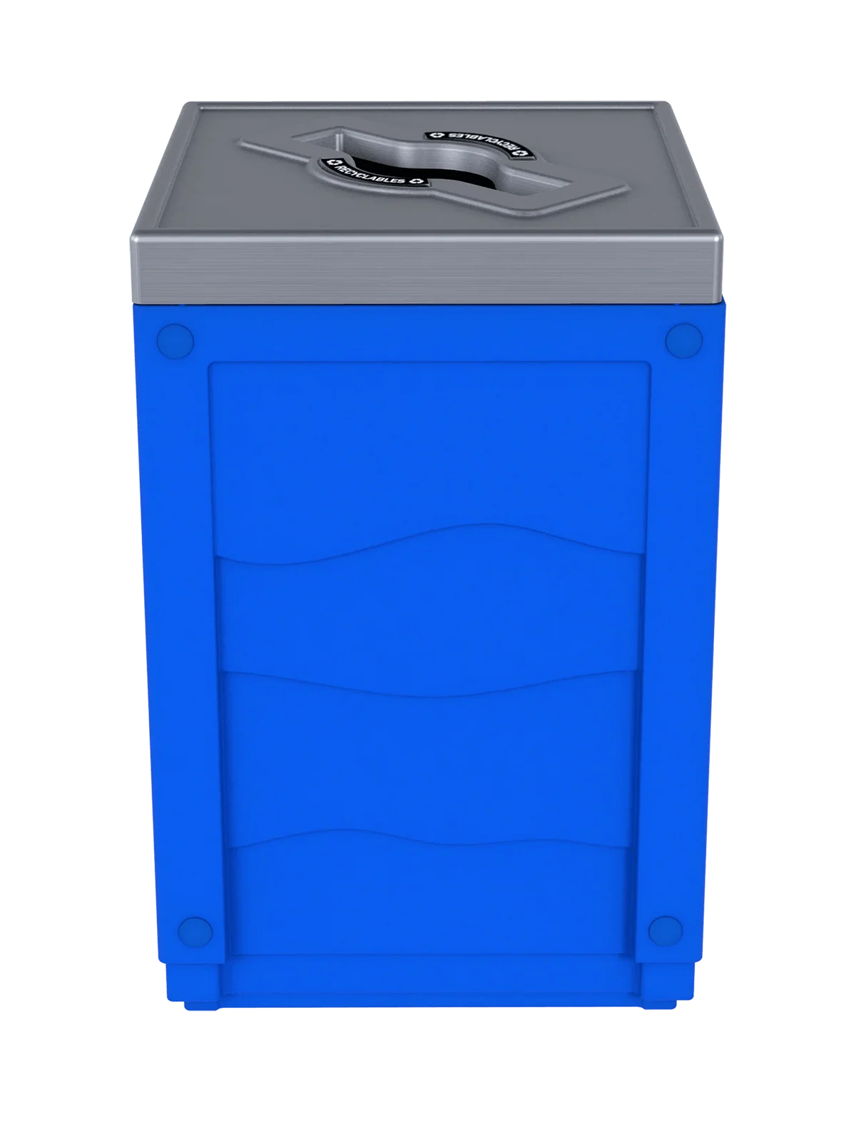 EVOLVE - 50G Blue Cube with Mixed Opening Lid in Stainless Finish with 'Recyclables' Lid Labels