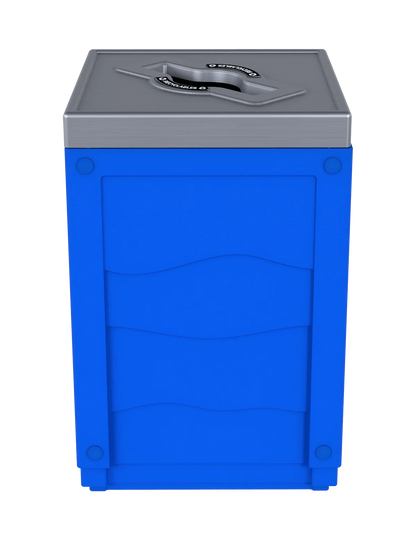 EVOLVE - 50G Blue Cube with Mixed Opening Lid in Stainless Finish with 'Recyclables' Lid Labels