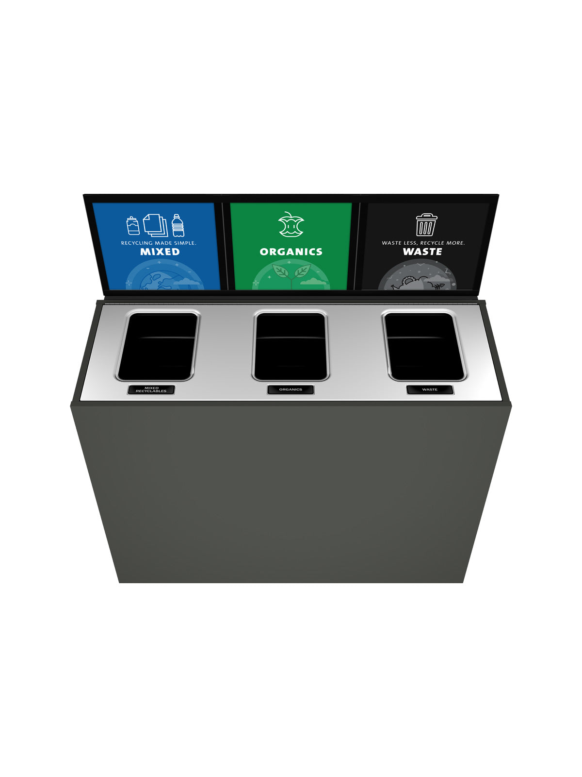 ARISTATA - Triple Stream, Slate Finish, Hinged Stainless Steel Lid with Full Openings and Sign Frame