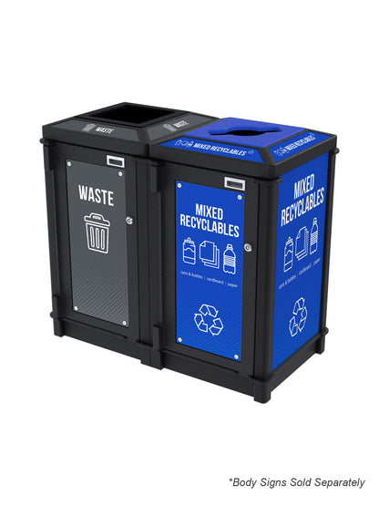 FUSION - Two-Stream Waste and Mixed Recyclables Top-Load Collection Station with Full-Mixed Lid Openings and Door Signage