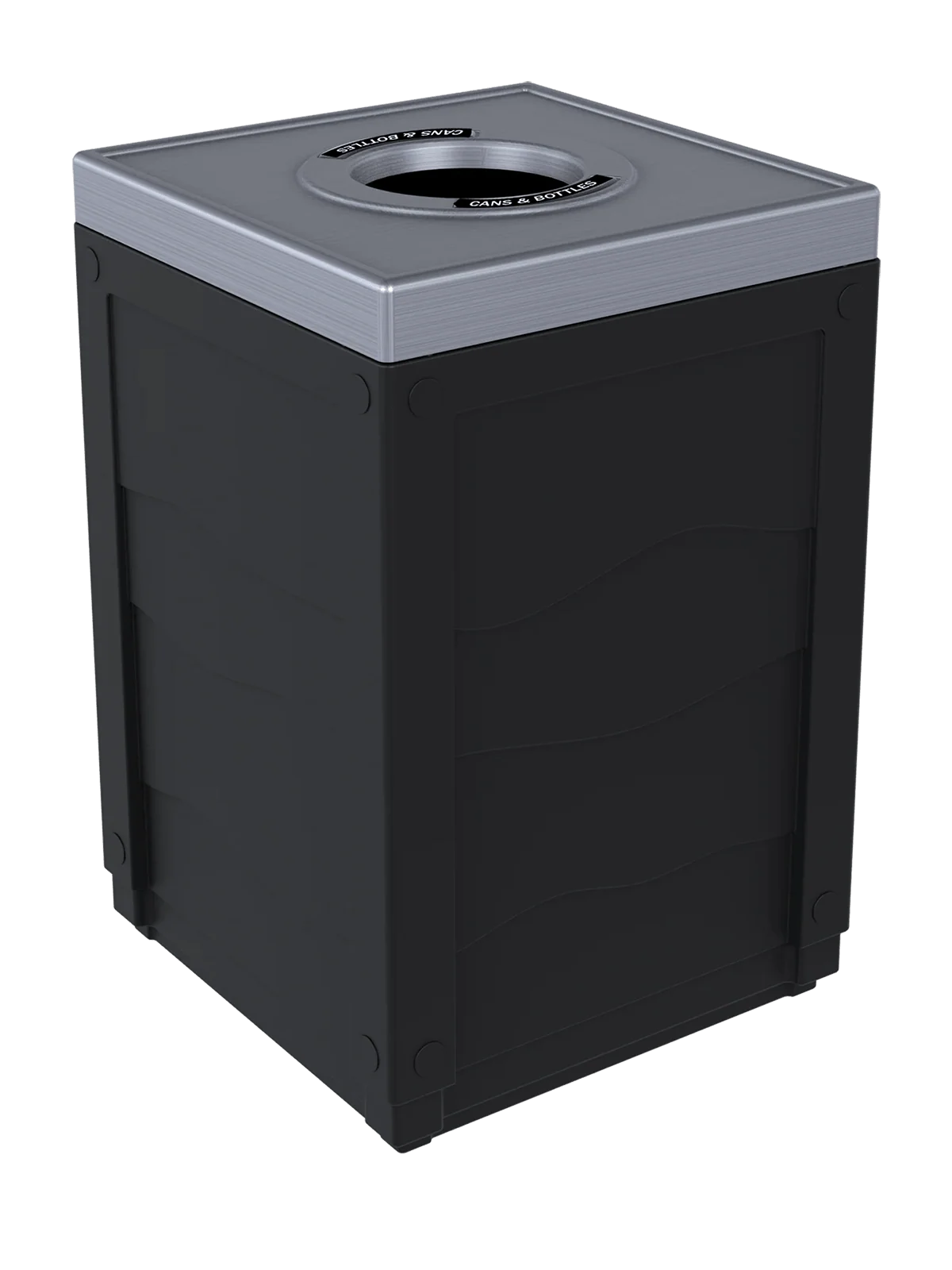 EVOLVE - 50G Black Cube with Circle Opening Lid (Stainless Steel Finish) and Cans & Bottles Label
