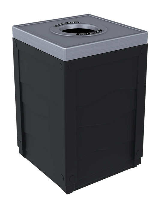 EVOLVE - 50G Black Cube with Circle Opening Lid (Stainless Steel Finish) and Cans & Bottles Label