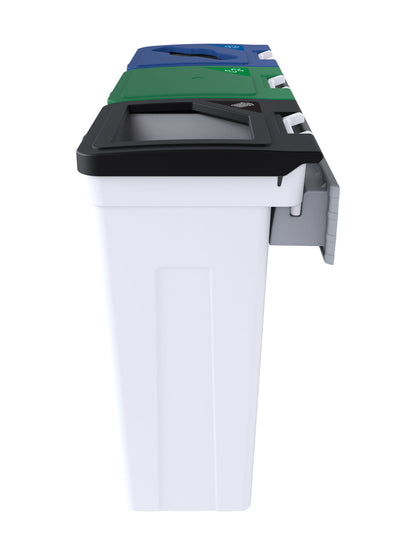 RISE - Triple White Body with Black Full/Green Solid Lift/Blue Mixed Opening Lids, 'Waste', 'Organics', & 'Mobius Loop' Lid Labels and Wall Mount Aluminum Extrusion