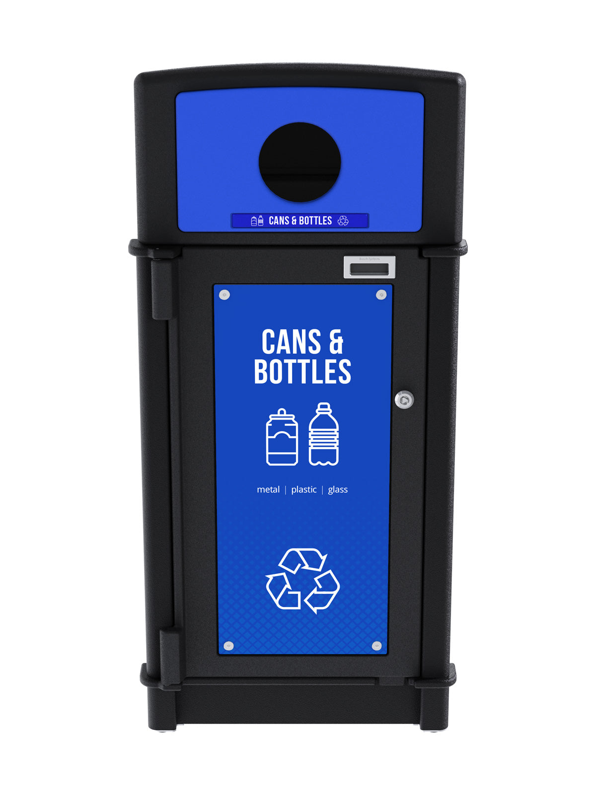 FUSION - Single Stream Front-Load Cans & Bottles Bin with Circle Lid Opening and Door Signage