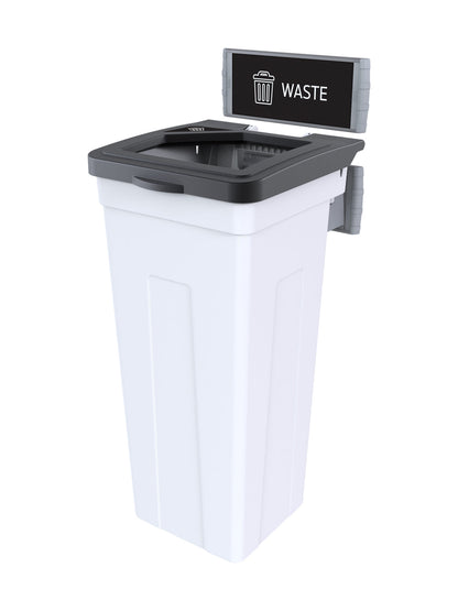 RISE - White Body with Black Full Opening Lid, 'Waste' Sign and Lid Label, and Wall Mount Aluminum Extrusions
