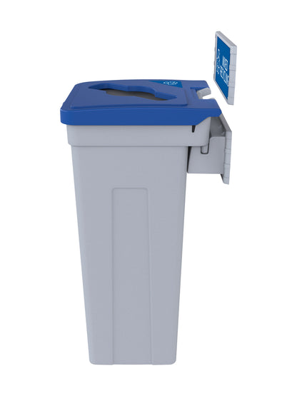 RISE - Grey Body with Blue Mixed Opening Lid, 'Mixed Recyclables' Sign and Lid Label, and Wall Mount Aluminum Extrusions
