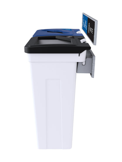 RISE - Double White Body with Black Full/Blue Mixed Opening Lids, 'Waste', & 'Mobius Loop' Sign and Lid Labels, and Wall Mount Aluminum Extrusions