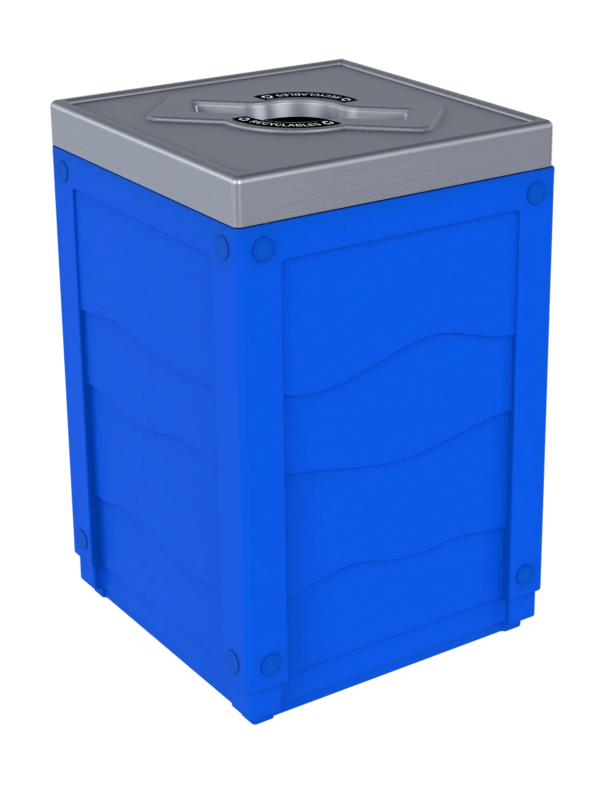 EVOLVE - 50G Blue Cube with Mixed Opening Lid in Stainless Finish with 'Recyclables' Lid Labels