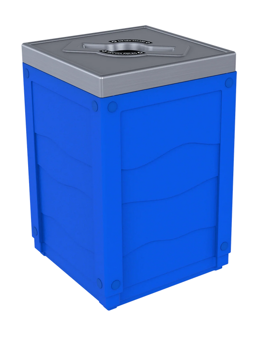 EVOLVE - 50G Blue Cube with Mixed Opening Lid in Stainless Finish with 'Recyclables' Lid Labels