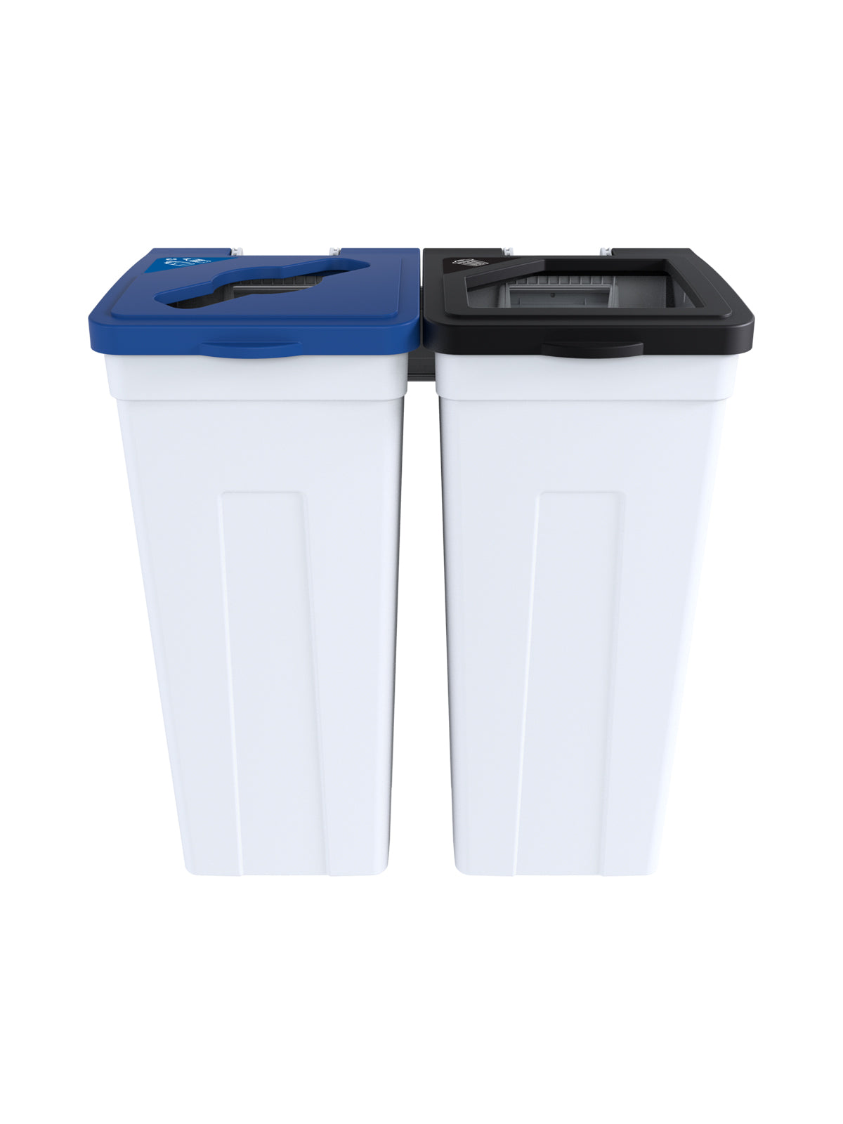RISE - Double White Body with Black Full/Blue Mixed Opening Lids, 'Waste' & 'Mixed Recyclables' Lid Labels and Wall Mount Aluminum Extrusion
