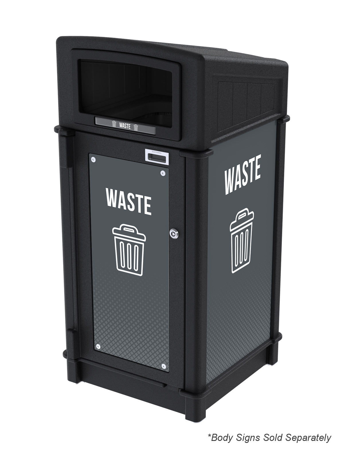 FUSION - Single Stream Front-Load Waste Bin with Full Opening Lid and Door Signage