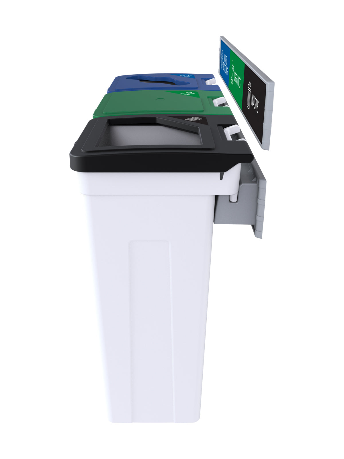 RISE - Triple - Kit - Mixed Recycling-Organics-Waste - Mixed-Solid Lift-Full - White-Blue-Green-Black